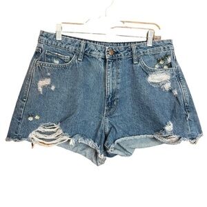 High Rise Distressed Floral Embroidered Denim Shorts Size 15